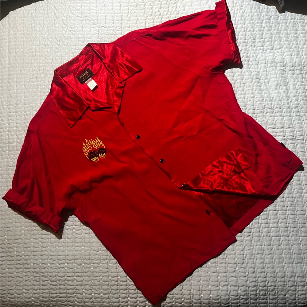 BC ETHIC flaming die embroidery red button down bowling shirt